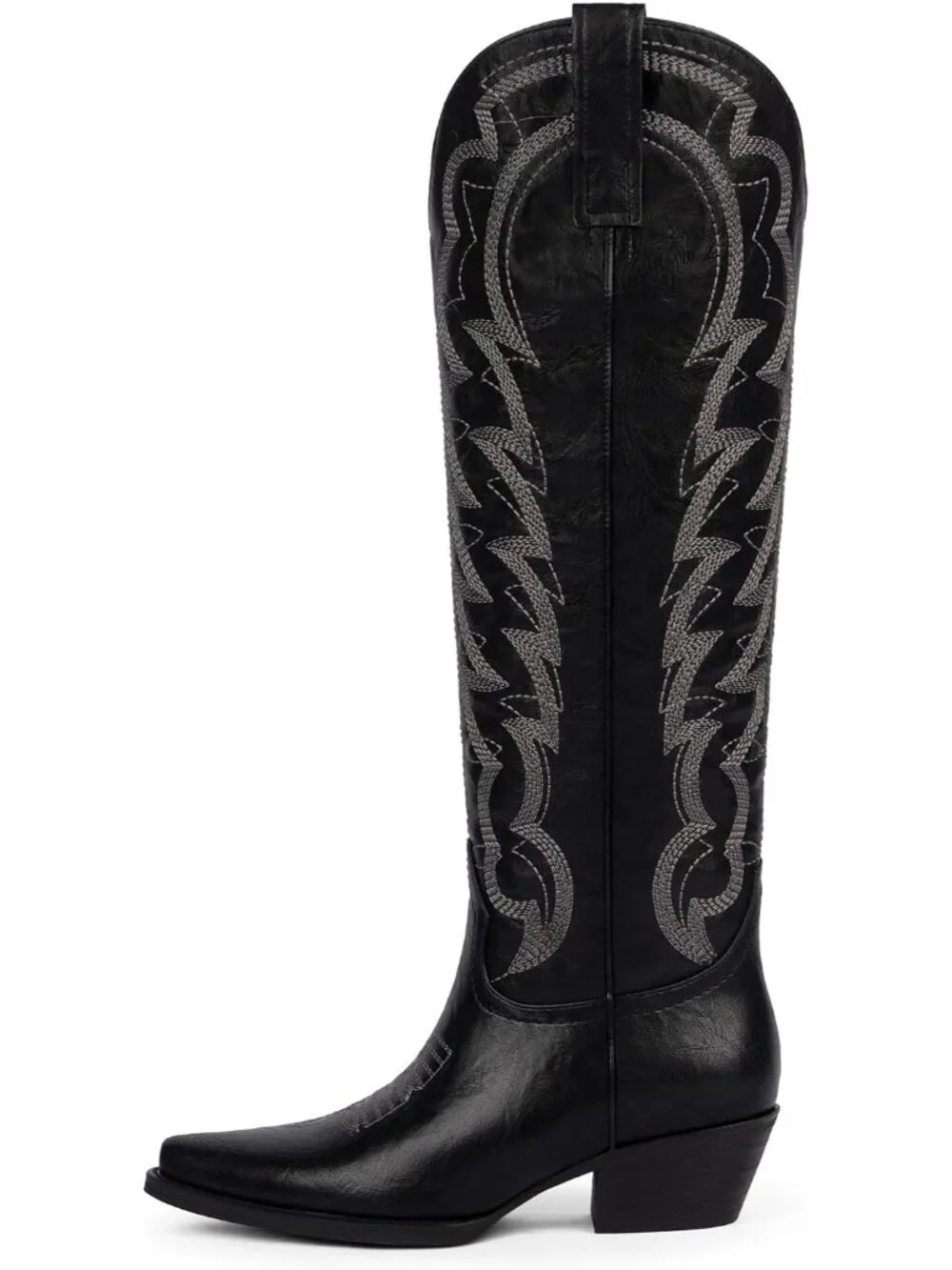 Women's Black Embroidered Wide Calf Pointed Toe Cowgirl Knee High Boots